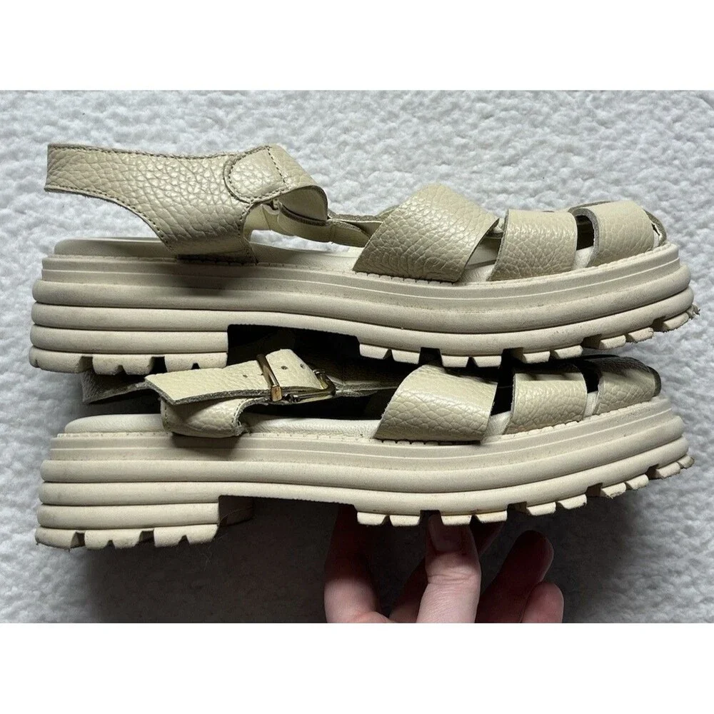 Sesto Meucci Sandals Womens 38 Cream Pebbled Leather Fisherman Chunky Lug-sole